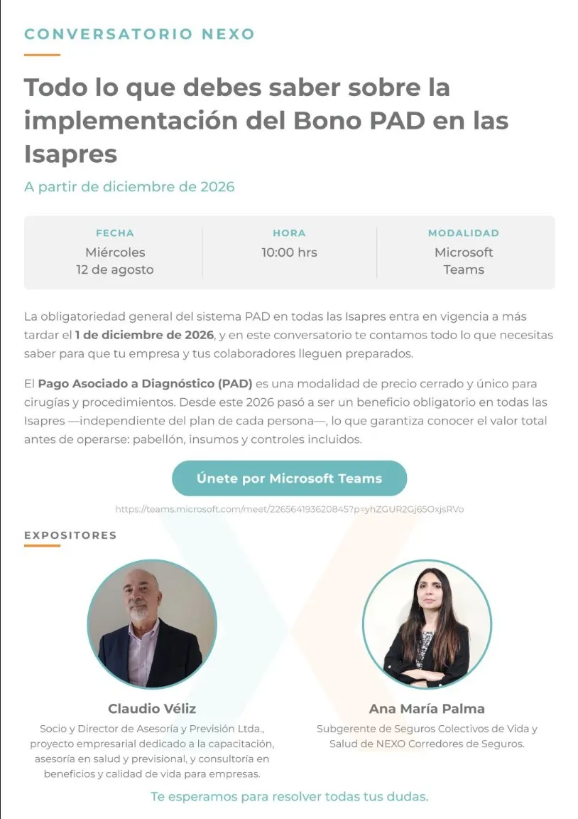 Conversatorio NEXO sobre la implementación del Bono PAD en las isapres